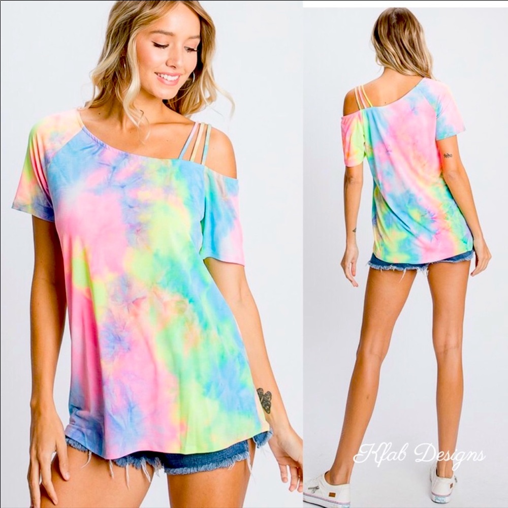 Tie-dye💛💗💙One-shoulder w/3-strap interest !